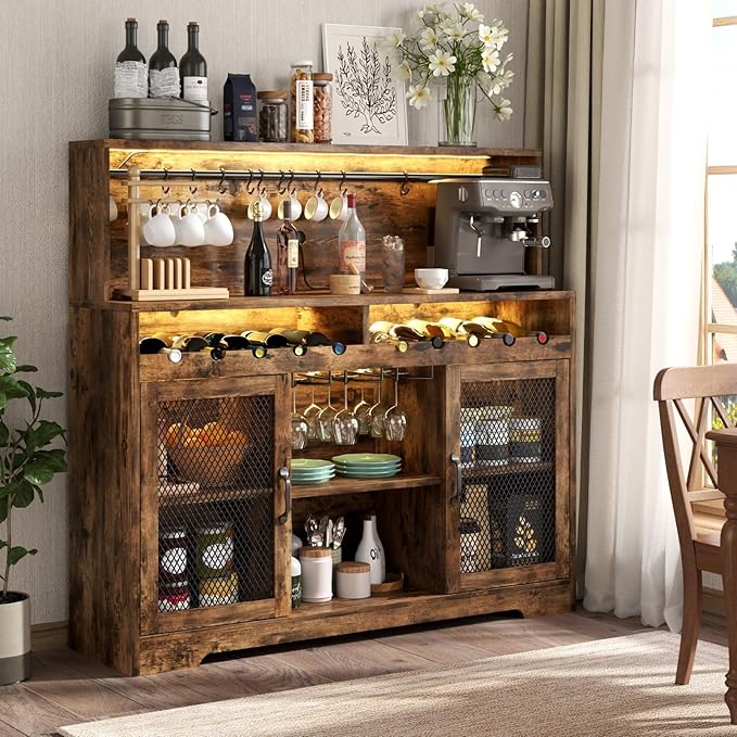 Loomie Wine Bar Cabinet with LED Light, Liquor Cabinet with Glass Holder