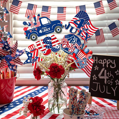 12 Pcs 4th of July Centerpiece Sticks Floral Picks Red White Blue American Flag Truck Stars Stripes Patriotic Cake Bouquet Tabletop Decoration for Independence Day Vase Filler Photo Prop Party