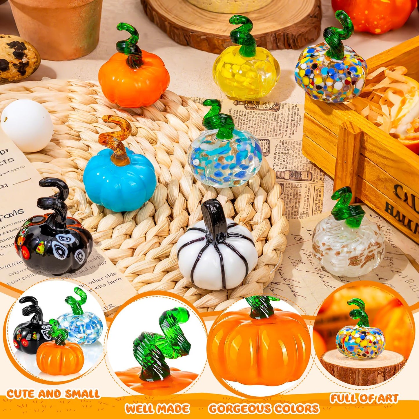 ALDMIO 8 Pcs Blown Glass Mini Pumpkin Decor, Mini Halloween & Thanksgiving Figurines, Glass Pumpkin Decorations for Fall & Harvest