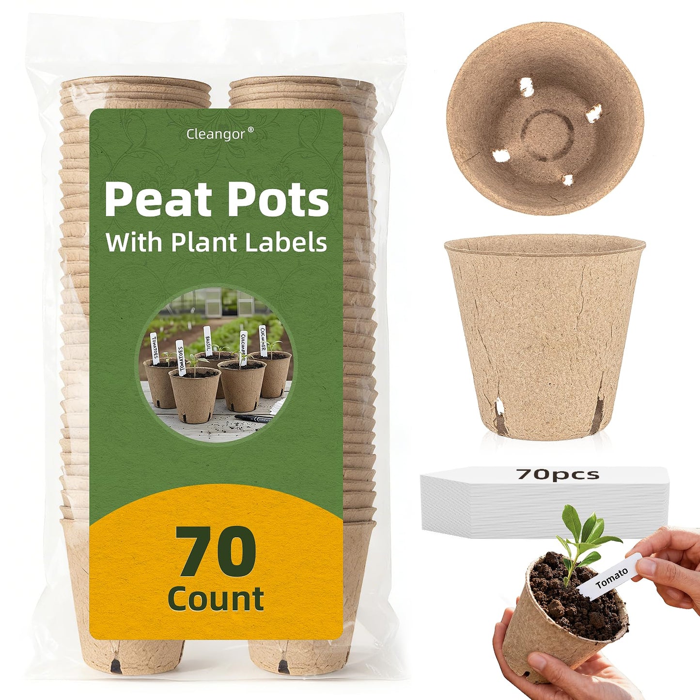CLEANGOR 70Pcs Biodegradable 3.15” Peat Pots with 70Pcs Plant Labels, Biodegradable Seed Starter Pots with Drainage Holes, Nursery Pots for Seedlings, Herbs, Vegetables, Flowers, Gardening Kit
