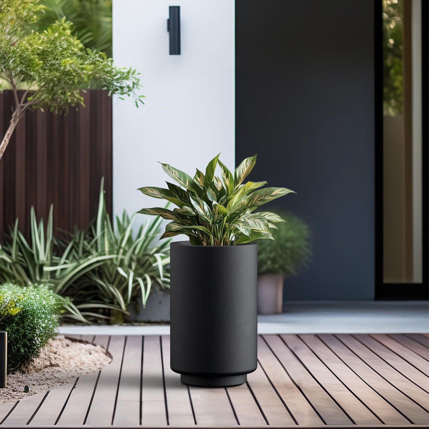 Kante 15.7 Inch Tall Concrete Planter, Round Pedestal Design Garden Pot for Indoor Outdoor Plants, Modern Garden Pot with Drainage Hole, Black Finish with Painted Interior