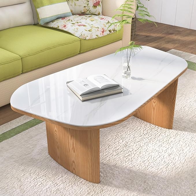Luxury Marble Coffee Table, Premium Sintered Stone Top, Natural Wood Look Base