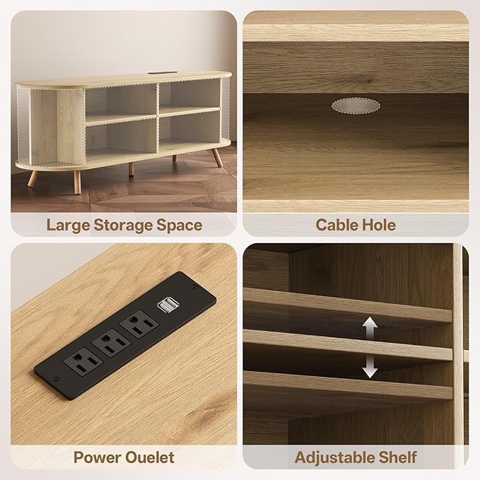 63 inch TV Stand with Power Outlet, Fluted Entertainment Center