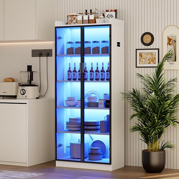 Dystler Display Cabinet with Doors and Adjustable Shelves, 5 Tier Display Case