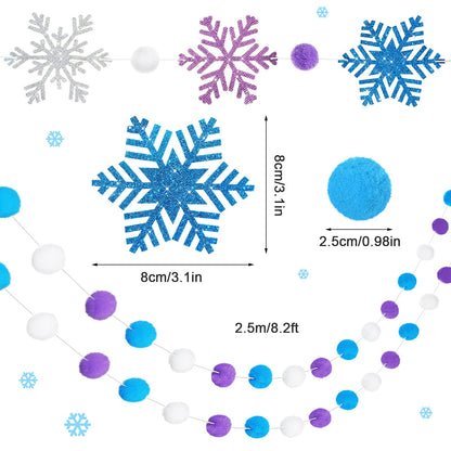 Tatuo 3 Pieces Winter Felt Ball Banner Snowflake Garland Glittery Banner Wonderland Theme Pom Pom Decor Holiday Hanging Decor for Birthday Baby Shower Wedding Party