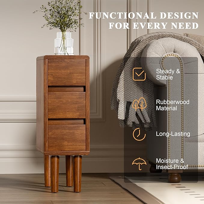 Narrow Nightstand with 3 Drawers Narrow Night Stand Solid Wood Bedside Table