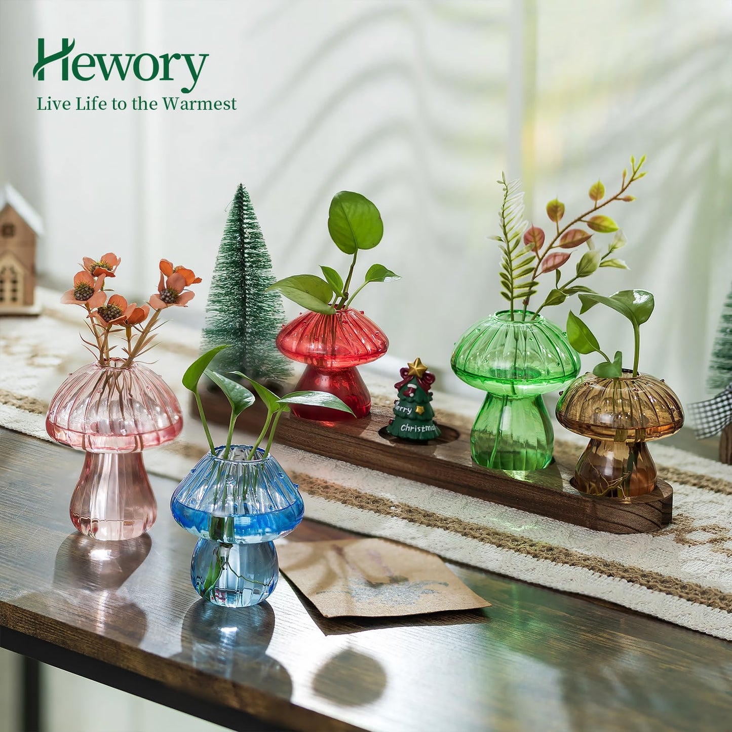 Glass Propagation Station for Plant: Mushroom Planter with Wooden Stand for Home Office Decor - Unique Propagation Jars for Plant Lovers - Set of 5 Hydroponic Mushroom Vases Gift for Mom