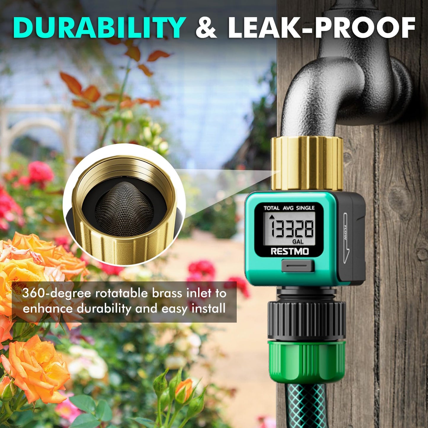 RESTMO Water Flow Meter with Brass Inlet Metal Thread, Measure Gallon/Liter Consumption and Flow Rate for Outdoor Garden Hose Watering, RV Water Tank Filling, Lawn Sprinkler and Nozzle Sprayer