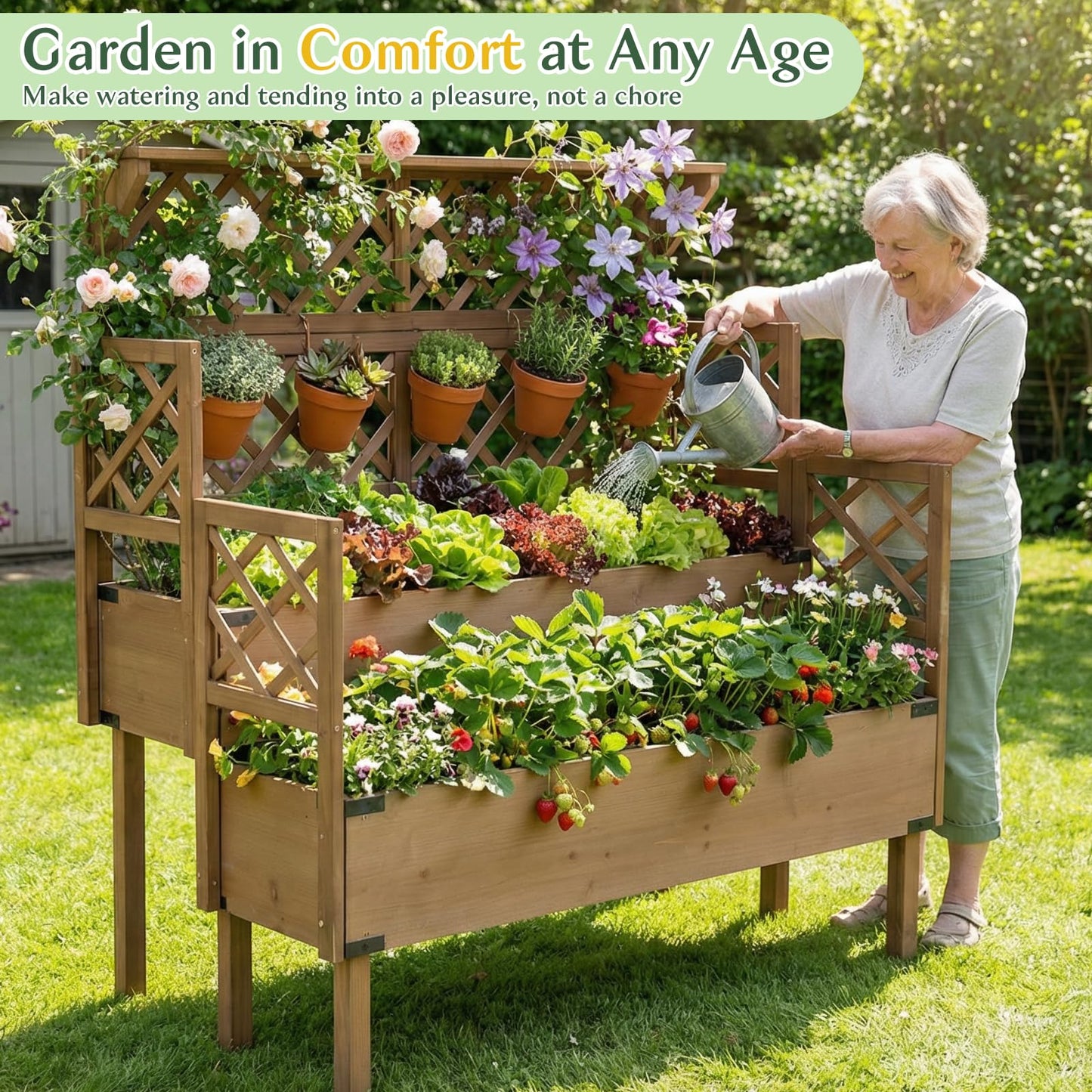 Magazoopet Raised Garden Bed with Trellis, 47''H Outdoor Flower Plant Stand with Two Planting Areas, Top Shelf, Liner, Elevated Garden Beds for Climbing Plants, Herb, Gift for Gardening, Brown