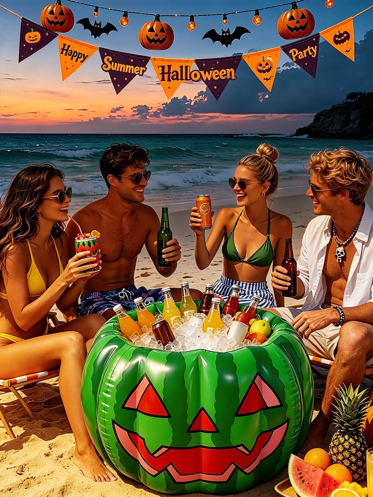 Cosweet Summer Halloween Inflatable Watermelon Cooler for Pool Party - 30" x 20" Large Spooky Blow Up Beverage Drink Cooler Ice Bucket with Drain Plug for Patio Yard Decor