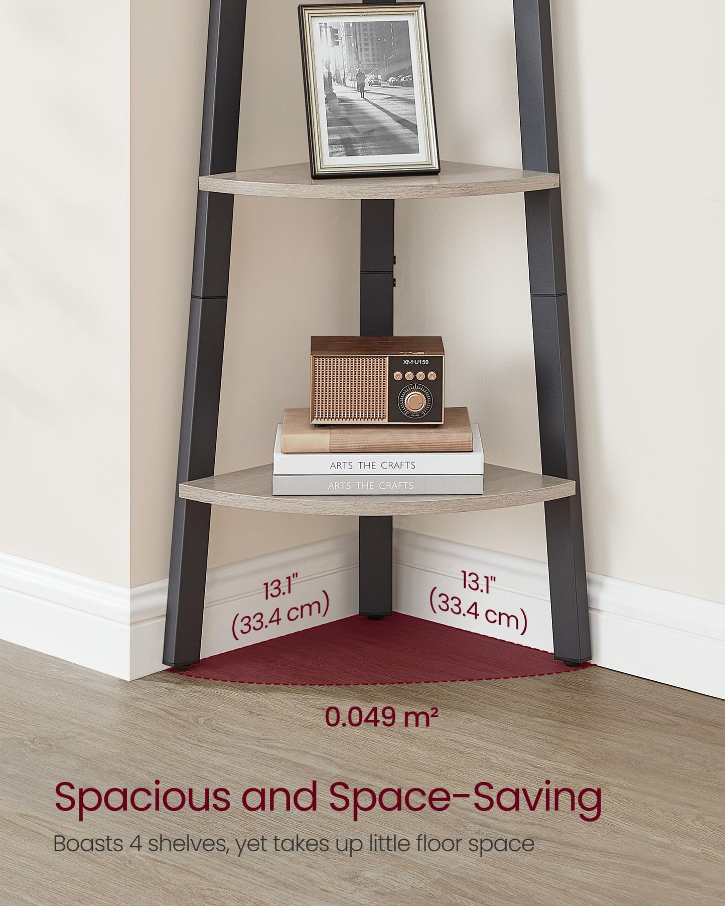VASAGLE Corner Shelf Stand, 4-Tier Corner Bookshelf, Industrial Ladder Shelf, Plant Stand for Living Room, Office, Kitchen, Greige and Black ULLS034M01