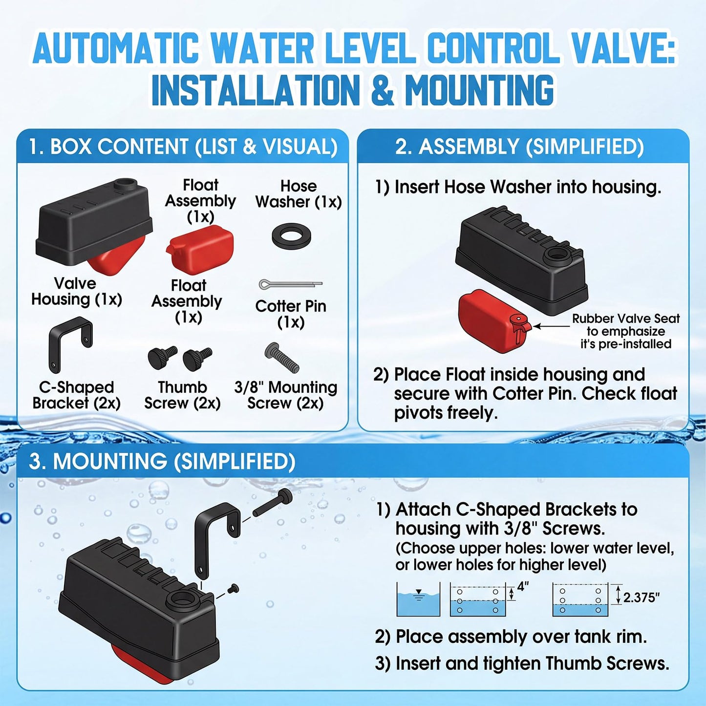 Threlaco 2 Pack Water Tank Float Valve Automatic Water Level Control Float Valve for Pond Farm Livestock Cattle Goat Horse Pool Aquariums Hydroponics and Reservoir Autofill Livestock Waterer