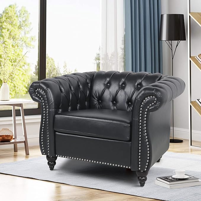 LEVNARY Leather Upholstered Armchair, Mid-Century Modern Single Sofa Chair