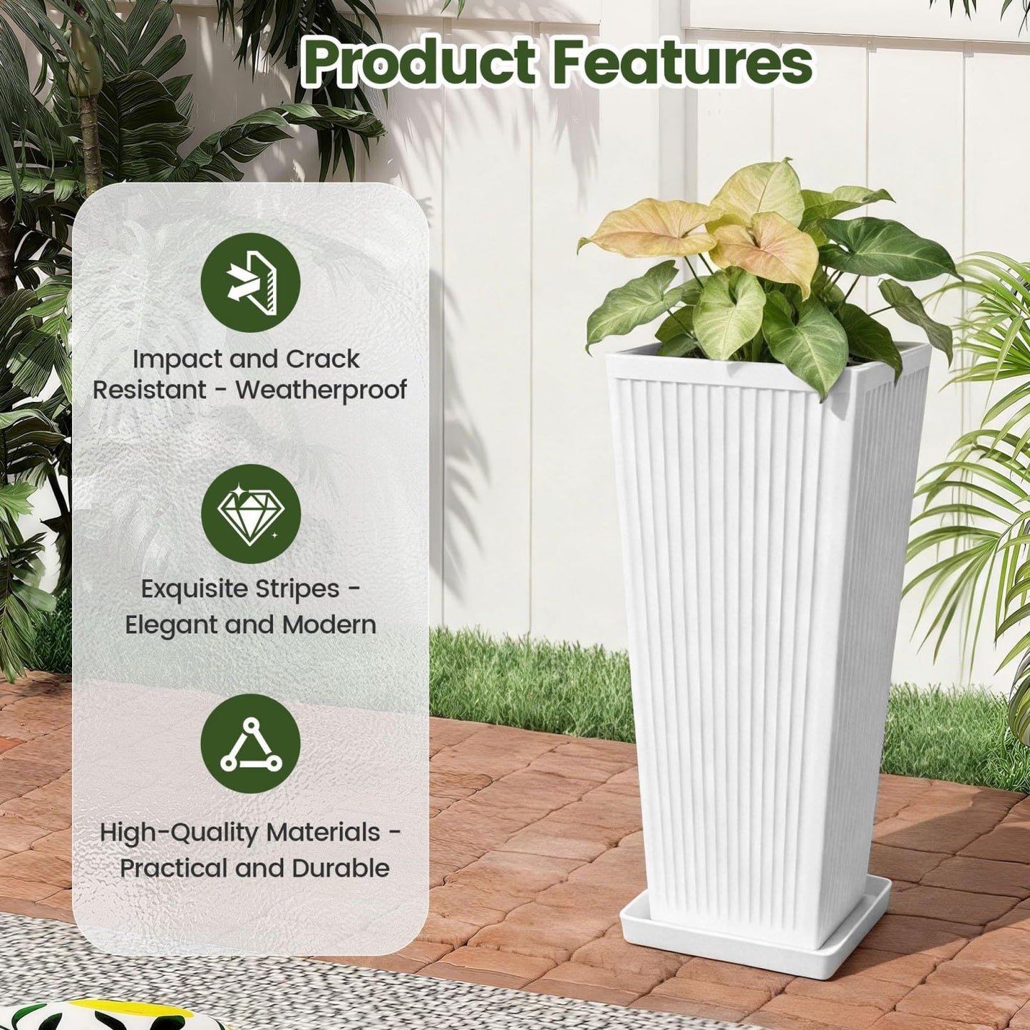 Diyfire Front Porch Planters Outdoor Set of 2, 24" Tall Plastic Planters for Outdoor Plants with Drainage, Extra Large Outdoor Planter Pots, Tapered Tall Planters for Front Door & Indoor Plants, White