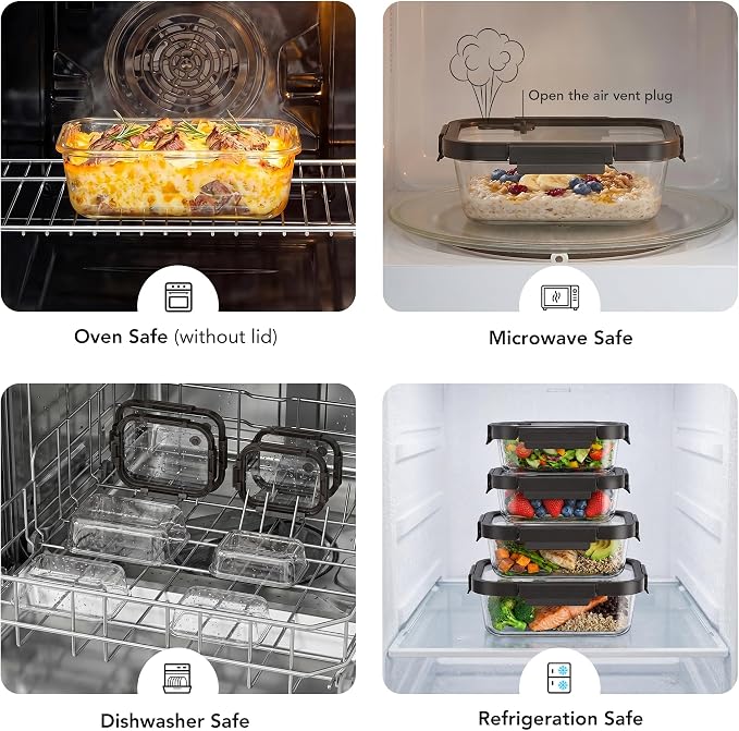 GENICOOK Glass Meal Prep Containers with Glass Lids, 4 Pack Airtight Glass Food Storage Containers, Borosilicate Glass Lunch Containers for Healthy Meal Prep, Microwave Oven Dishwasher Safe, BPA Free