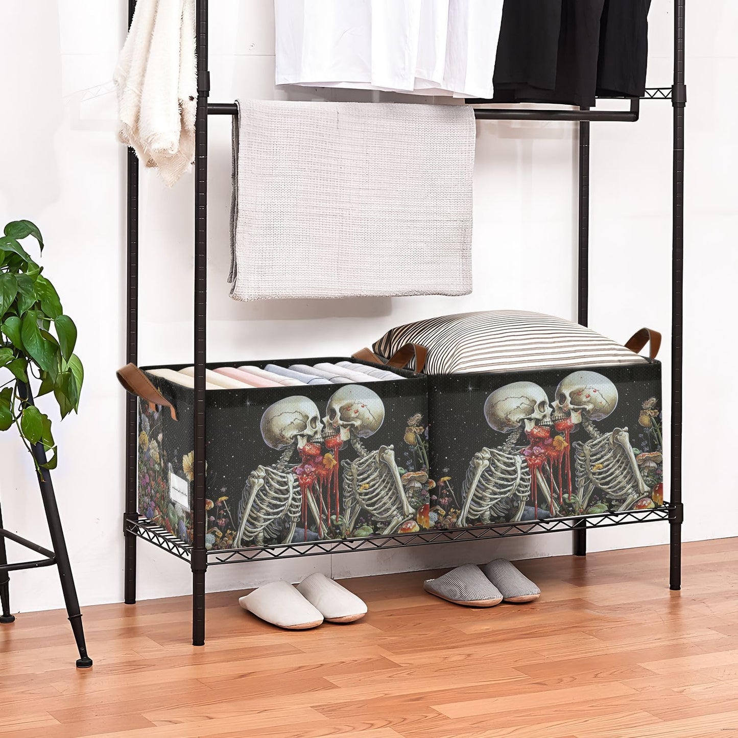 Black Skeleton Gothic Storage Bins for Shelves with Labels&Handles Halloween Organizer Bin Foldable Rectangle Storage Basket Black Goth Skull Boxes for Closet, Bathroom, Home, Living Room, Laundry