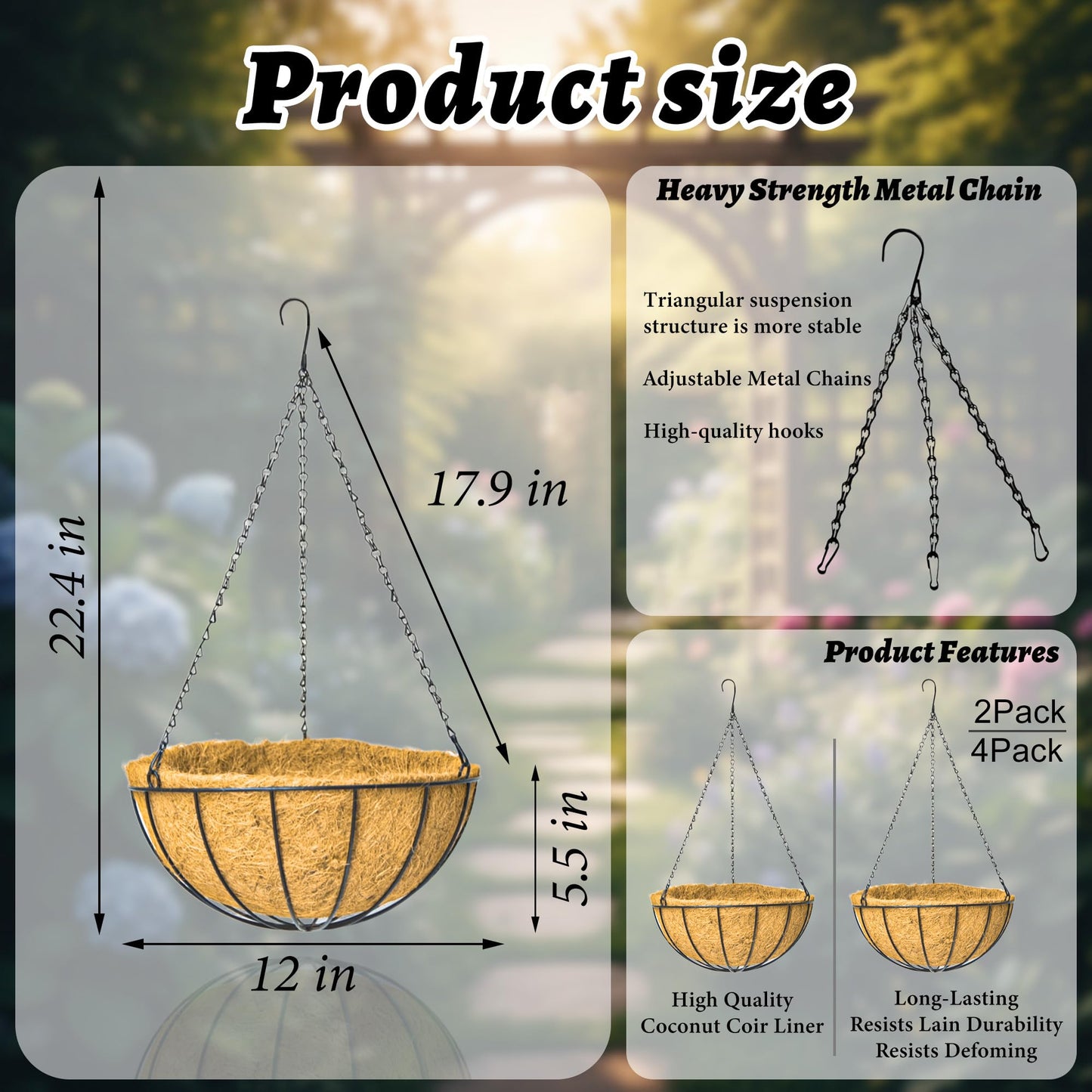 GYATSOCYG 4 Pack 12 Inch Brown Outdoor Metal Hanging Planter Basket Hanging Planters Flower Pot Round Modern Flower Holder Pot Garden Accessory（Watermelon Style）