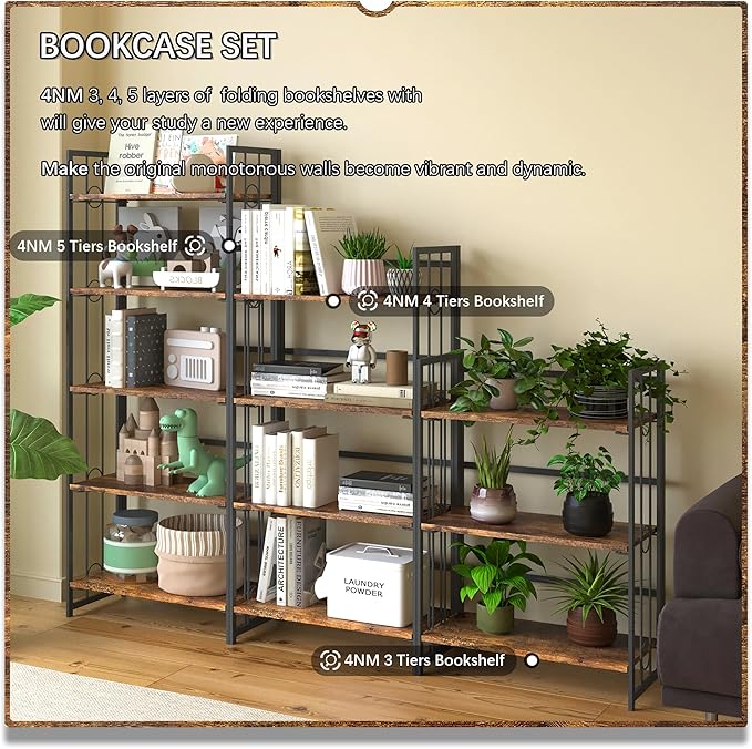 4NM No Assembly 5 Tiers Folding Bookshelf, 59.4" H Foldable Storage Shelves