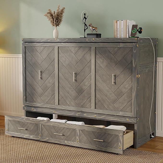 KEIKI Queen Murphy Bed Cabinet Charging Station & Geometrical Panel, Pine Wood