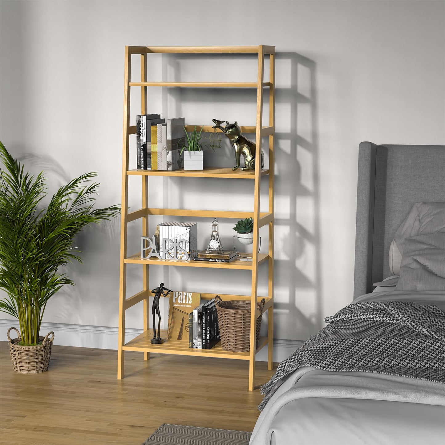 Thalomely Bamboo Bookshelf, 4-Tier Ladder Shelf Freestanding Space Saver Open Bookcase Book Shelf, Bamboo Storage Shelving Unit Flower Plant Stand for Living Room, Bathroom, Home Office, Natural