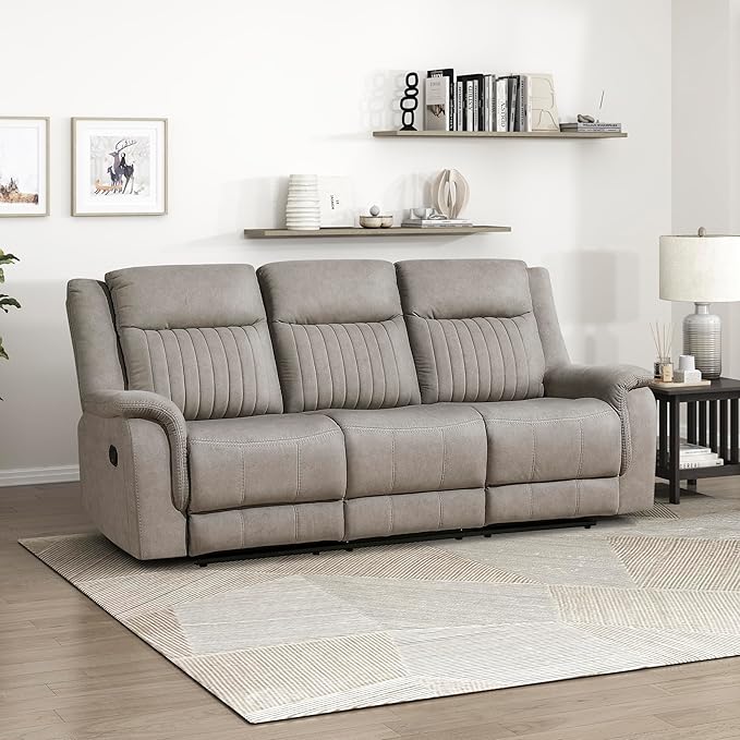 Lexicon Manual Double Reclining Sofa, Polished Microfiber Upholstered 3 Seater