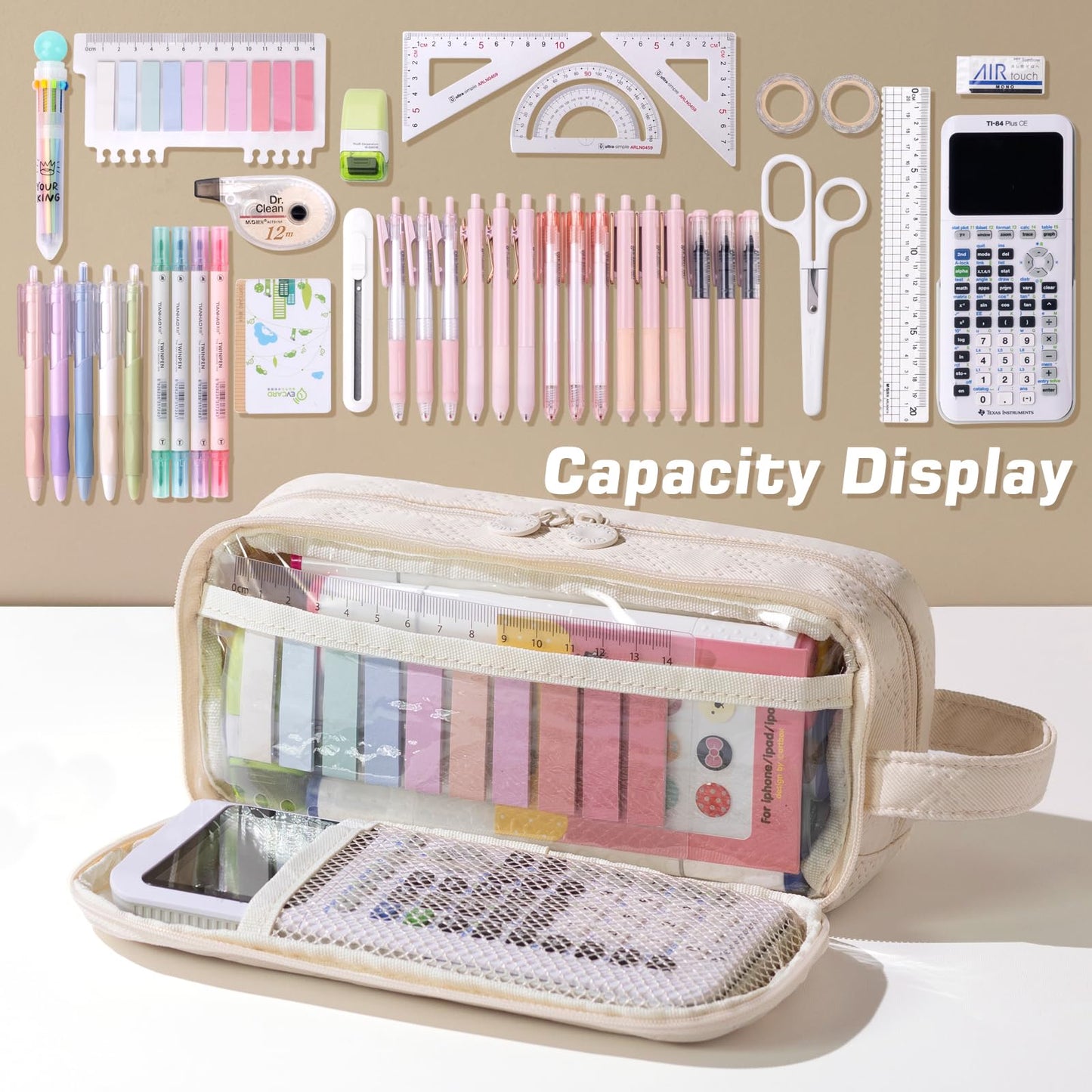 EASTHILL Large Capacity Pencil Case Cute Pencil Pouch with Handle Stationery Pen Bag for Teen Girls-Cream