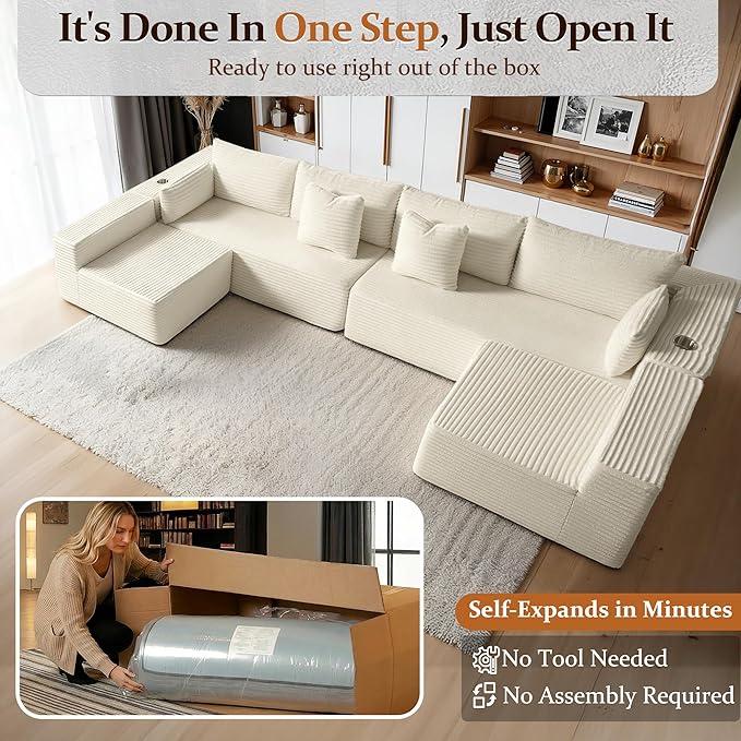 138" Cloud Sectional Couch, Comfort U Shaped Sofa