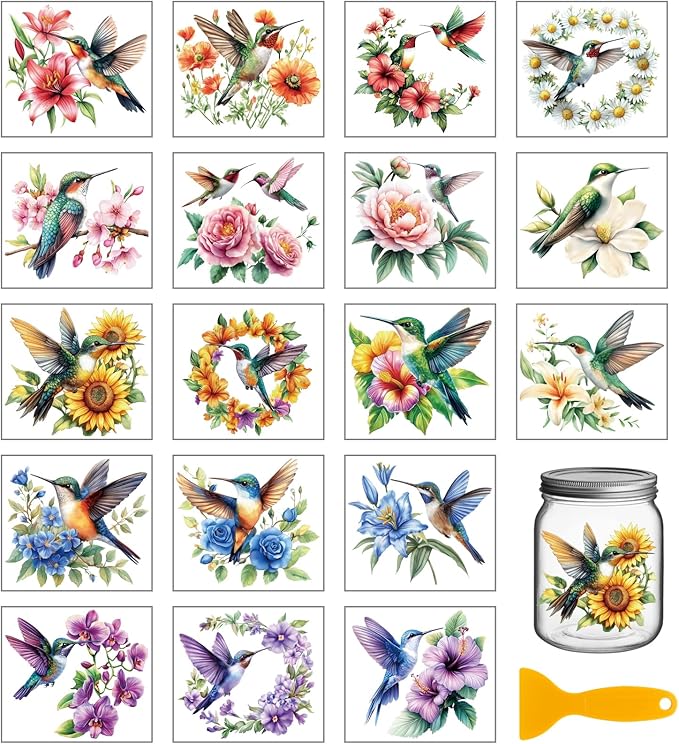 GLOBLELAND 18 Sheets Hummingbirds and Flowers Rub on Transfers