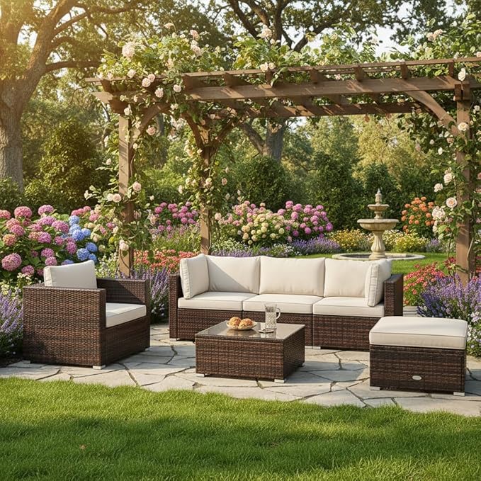 Tangkula 6 Pieces Wicker Patio Furniture Set, PE Rattan Outdoor Sectional