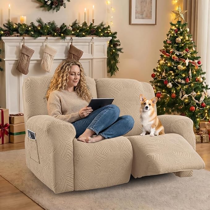 Recliner Loveseat Covers, 4-Piece Stretch Geometric Strokes Jacquard Reclining