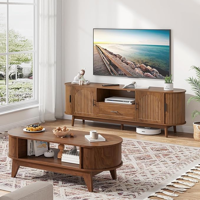 Mxtxmy 70" Fluted TV Stand for Tvs up to 80", Mid-Century Modern Entertainment