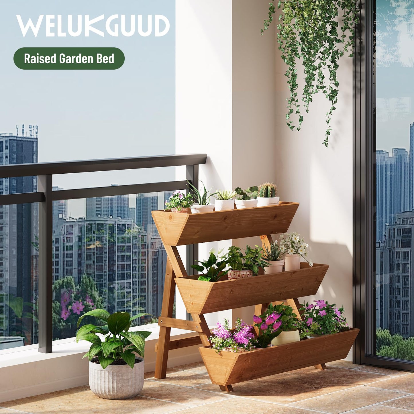 Vertical Wooden Raised Garden Bed, Garden Planters Freestanding Wood Plant Stand Flower Rack Wooden Planter Box for Plants Herbs Flowers Vegetables Outdoor Indoor Gardening (3-Tier Large Brown)