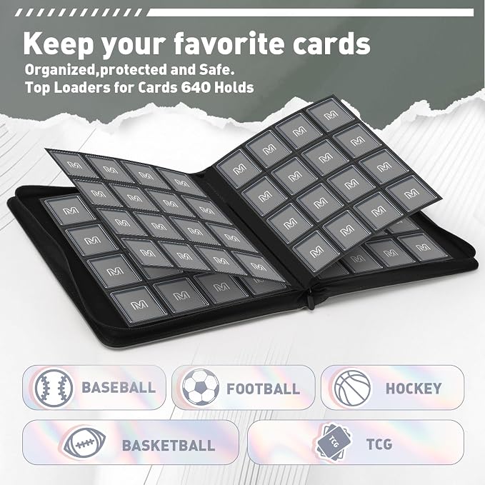 16 Pocket Toploader Binder,Holds 640 Top Loaders,Top Loader Binder for 3" x 4"Rigid Cards,Sleeves Card Collection Binder,20 Double Sided Pages,Compatible with Trading & Sports Holder (16Dark Grey)
