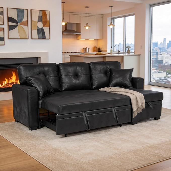 Eafurn Faux Leather Tufted Convertible Sleeper Sectional Sofa Bed, 3 Seater L