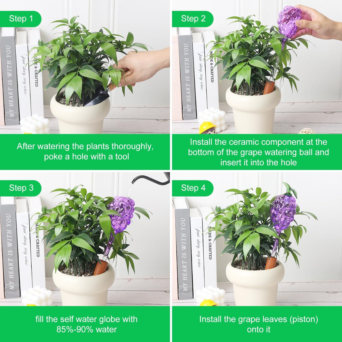 Yurucenus 3 Packs Grape Plant Watering Globes with Terracotta Stakes, Glass Self-Watering Planter Insert, Automatic Watering Bulbs for Indoor & Outdoor Plants, Refillable via Top Opening