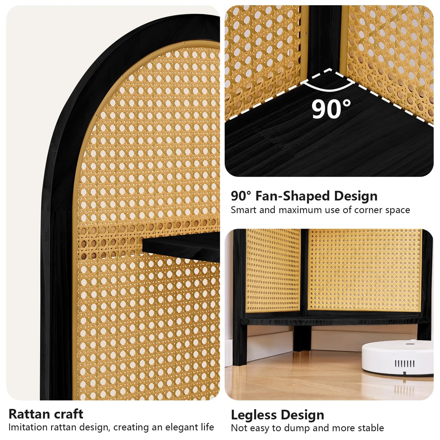 Aletheiawu Corner Shelf Stand 4-Tier 70" Corner Shelves Display Shelf Pine Wood Frame with Rattan Wall Corner Bookshelf Multi Unit Organizer Rack with Legs for Living Room Decor,Small Space (Black)