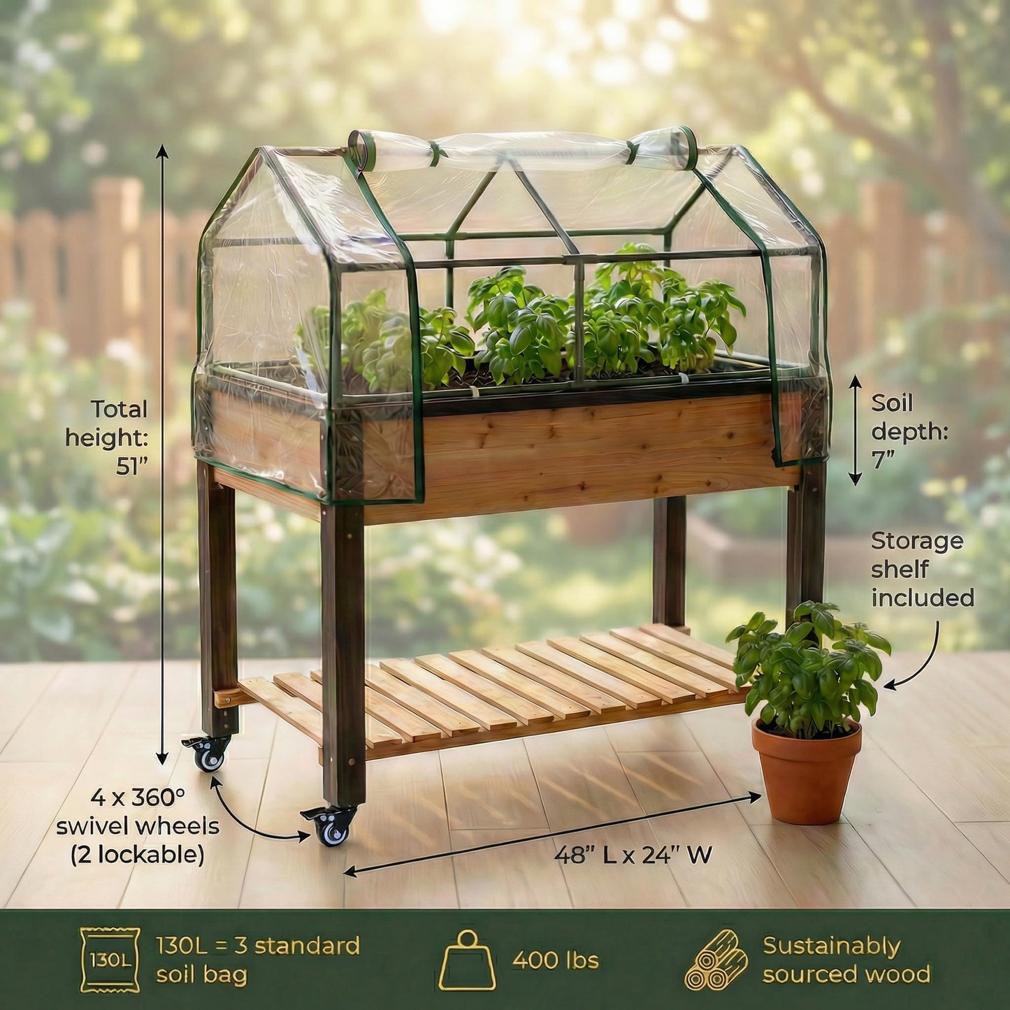GOJ Raised Garden Bed Wood 48x24x32 inch with Greenhouse & Lockable Wheels - Elevated Wood Planter Box for Outdoors Vegetable Flower Bed Herb Planter - 400 lbs Capacity