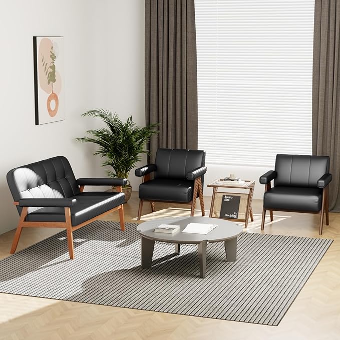 STHOUYN Black Leather Accent Chairs, Mid Century Modern Chair, Side Arm Chairs