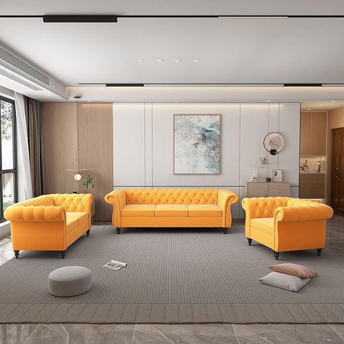ORRD 3 Piece Living Room Set, Velvet Chesterfield Sofa Loveseat Couch Chair