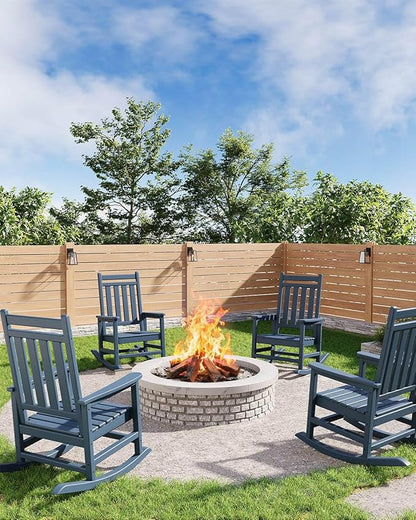 HDPE Rocking Chair Outdoor Set of 4 - Poly High Back Porch Rocker Chairs for Adults - All Weather Resistant Furniture for Patio Front Porch - Navy Blue