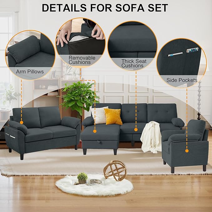 84" Convertible Sectional Sofa Set, 3 Seat L Shaped Couch