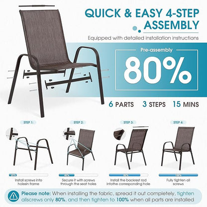 Outdoor Stackable Chairs Set of 8, Stacking Patio Chairs with Textilene Fabric, Outside Furniture for Garden Backyard Balconie Poolside Deck, Brown