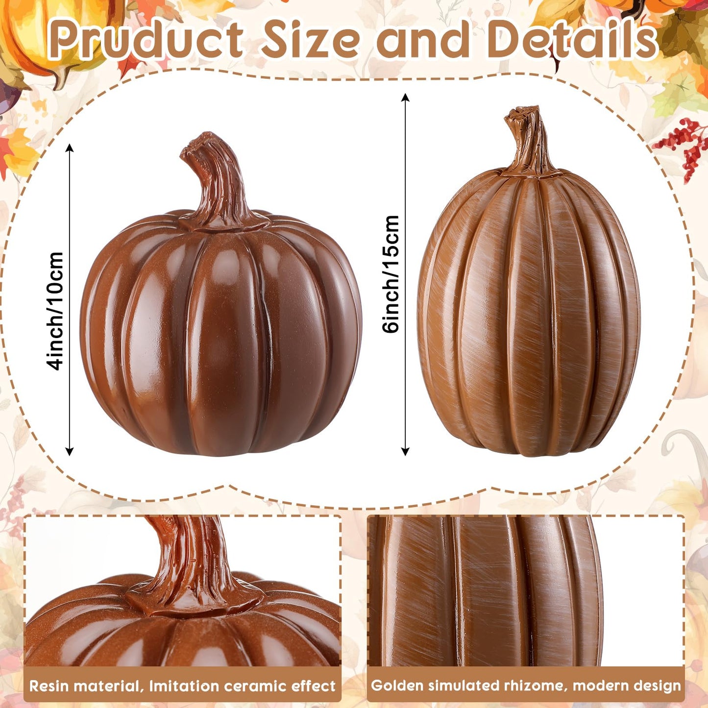 Vicenpal 2Pcs Fall Pumpkin Decor Set Artificial Resin Pumpkin Fall Artificial Fake Pumpkins Decor for Autumn Halloween Thanksgiving Tabletop Farmhouse Mantel Decoration (Shiny Brown,Fashionable Style)
