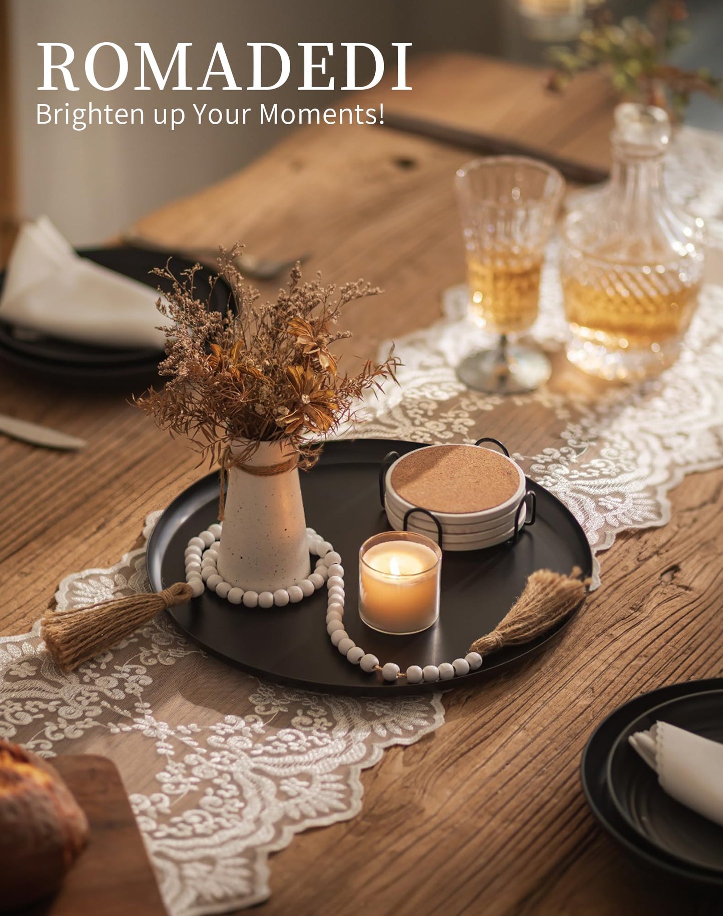 Romadedi Black Round Decorative Tray: Metal Candle Trays Decor for Coffee Table Centerpiece Large Modern Serving Tray for Kitchen Counter Farmhouse Home Decorations, 12.6 Inch