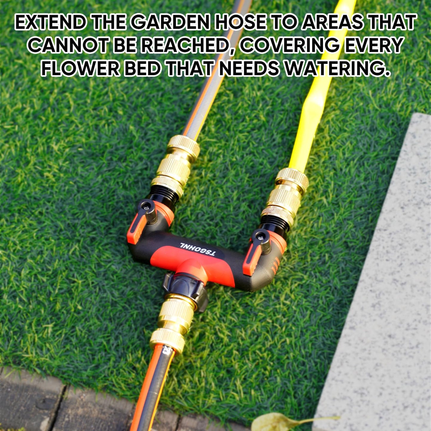 2 Way Garden Hose Splitter, 3/4 Inch Outdoor Faucet Splitter, Hose Manifold with Independent Shut Off Valves, Wide Spacing for Hose Timers, Sprinklers, Lawn, Yard and Garden Watering - Red