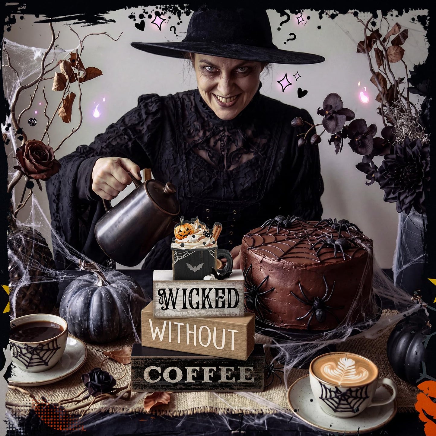 Lineshading 4 Pcs Halloween Coffee Table Decorations Wicked Wooden Stacked Sign Decor Rustic Halloween Tiered Tray Decor Decorative Pumpkin Ghost Hot Cocoa Centerpiece for Home Kitchen Coffee Bar