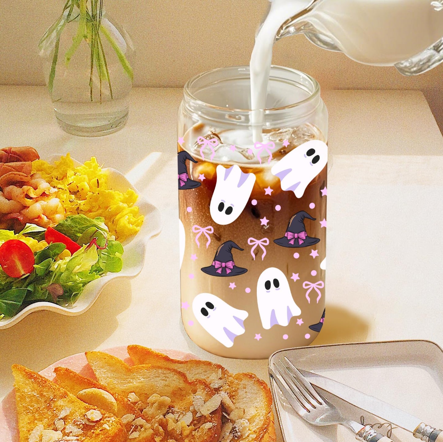 Halloween Boho Ghost Gifts Set with Glass Cup & Dolls, 16oz Fall Glass Cup with Lid and Straw, Crochet Ghost Doll with Positive Card Perfect for Thanksgiving Halloween Fall Spooky Gifts
