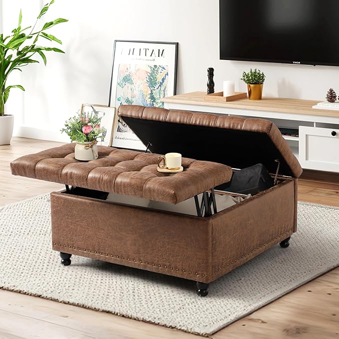 36" Large Square Ottoman with Storage, Tufted Upholstered Storage Ottoman with