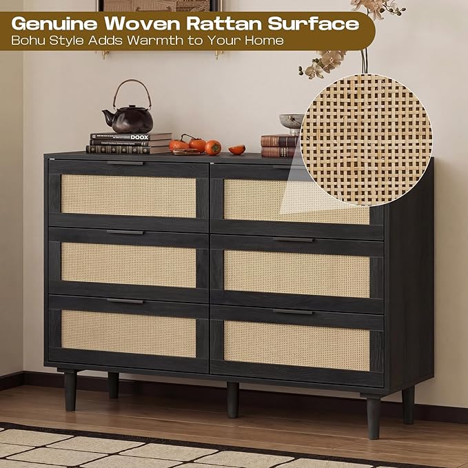 FUQARHY 6 Drawer Dresser Rattan Dresser Modern Chest