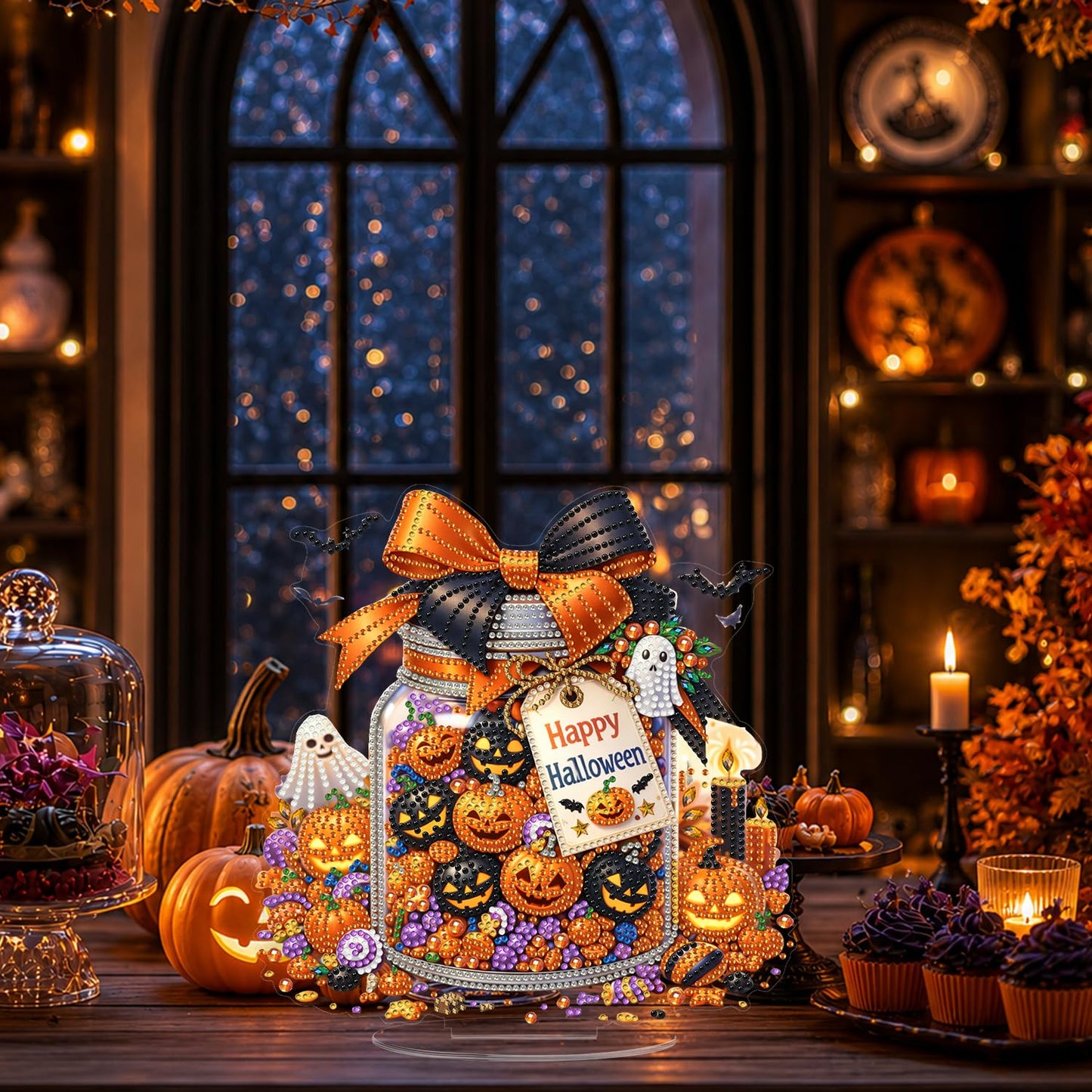 Eiflow Tabletop Diamond Art Kit for Adults Halloween Pumpkins, DIY Desktop Diamond Art Painting with Stand, Acrylic Stand Up Gem Painting Board Kit (Happy Halloween)
